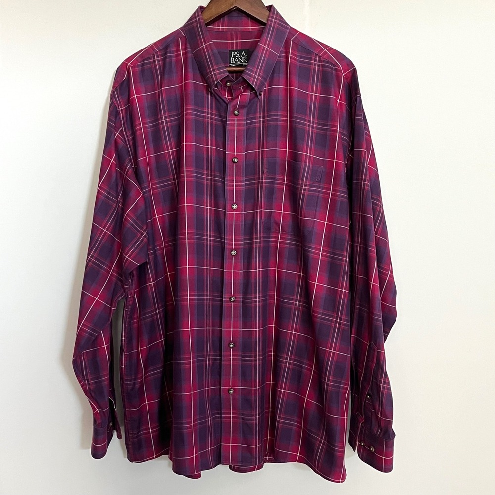 Jos A Bank Travelers Collection Mens XXL Plaid Button Down Shirt Burgundy Purple